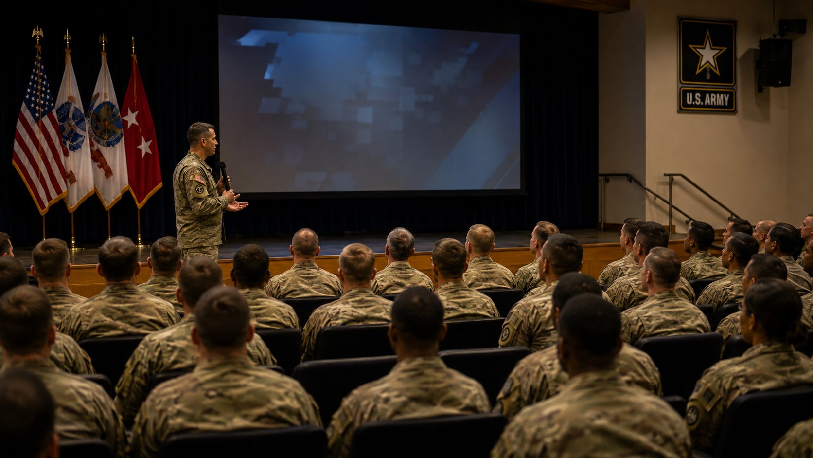 A senior Army leader addresses a full auditorium of uniformed personnel during a leadership town hall, with U.S. and general-officer flags and the U.S. Army emblem in view.