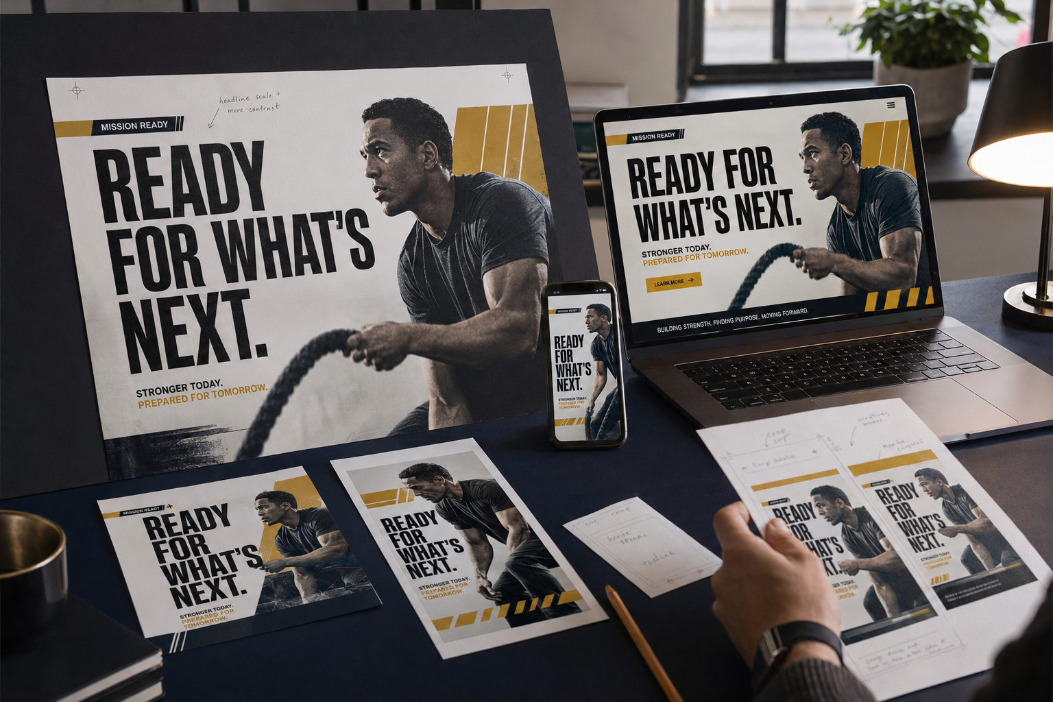 A campaign concept laid out across poster, laptop, phone, and printed collateral