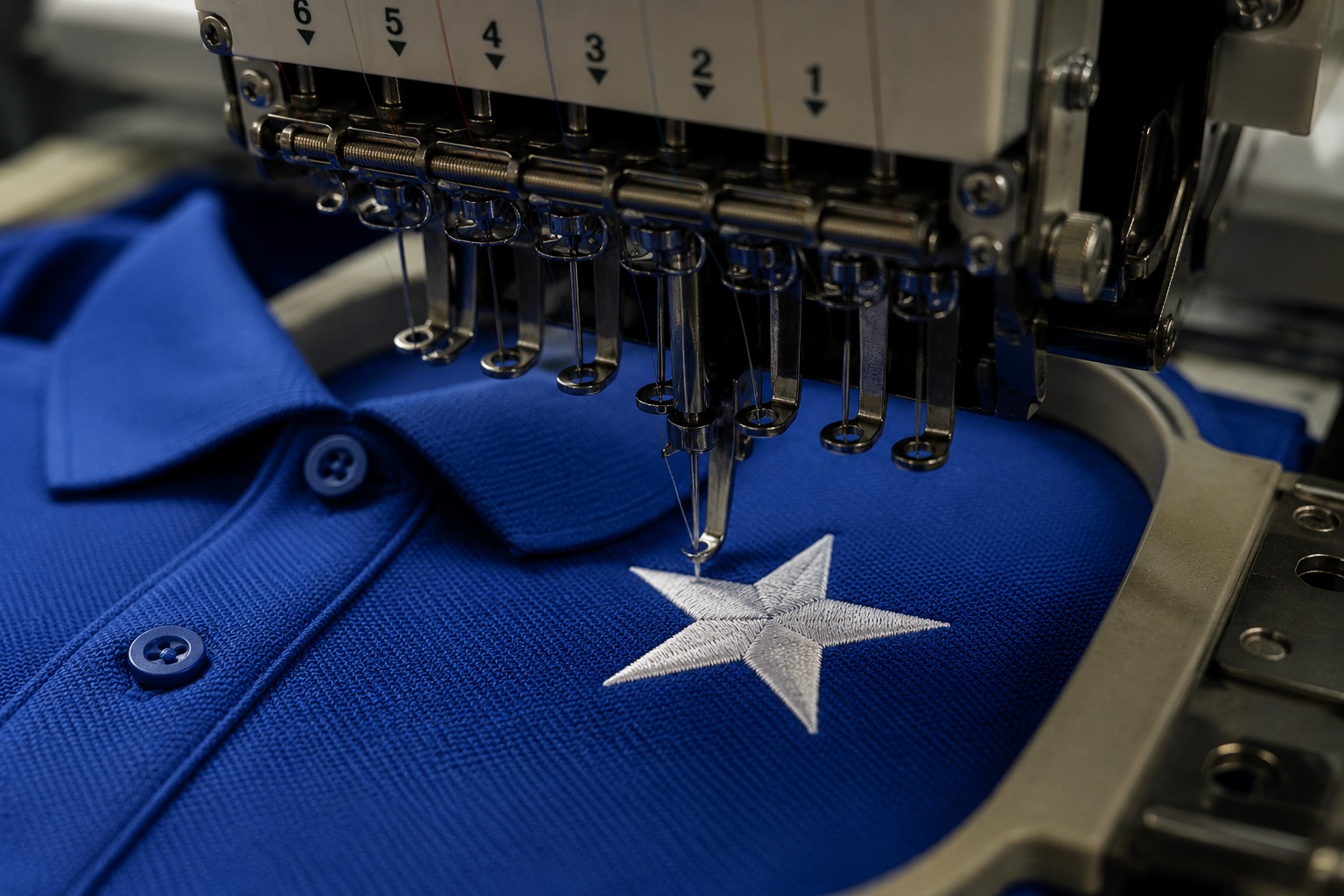Embroidery of a star emblem onto a royal-blue polo on a multi-needle machine